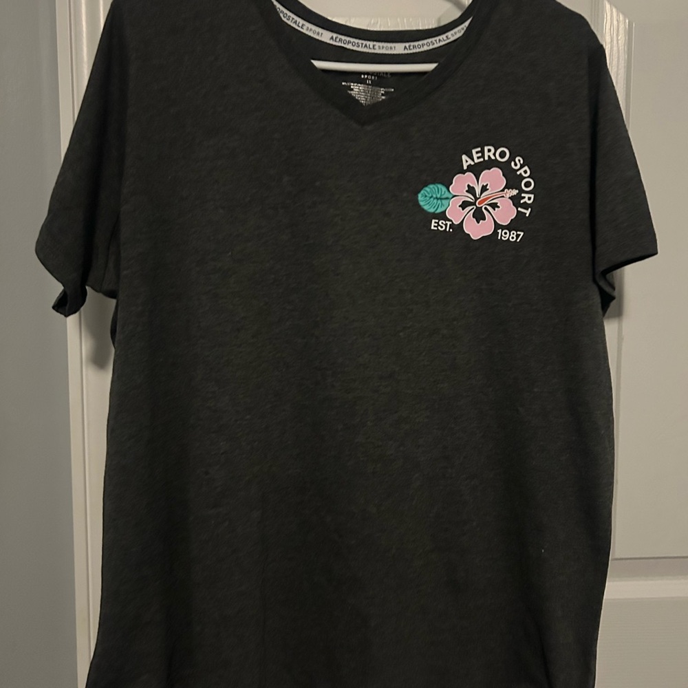 Aeropostale Charcoal V-Neck Tee with Pink & Teal Floral Detail